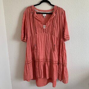 Knox Rose Women's XXL Coral Salmon Crochet Tunic Boho Peasant Dress w/ Slip